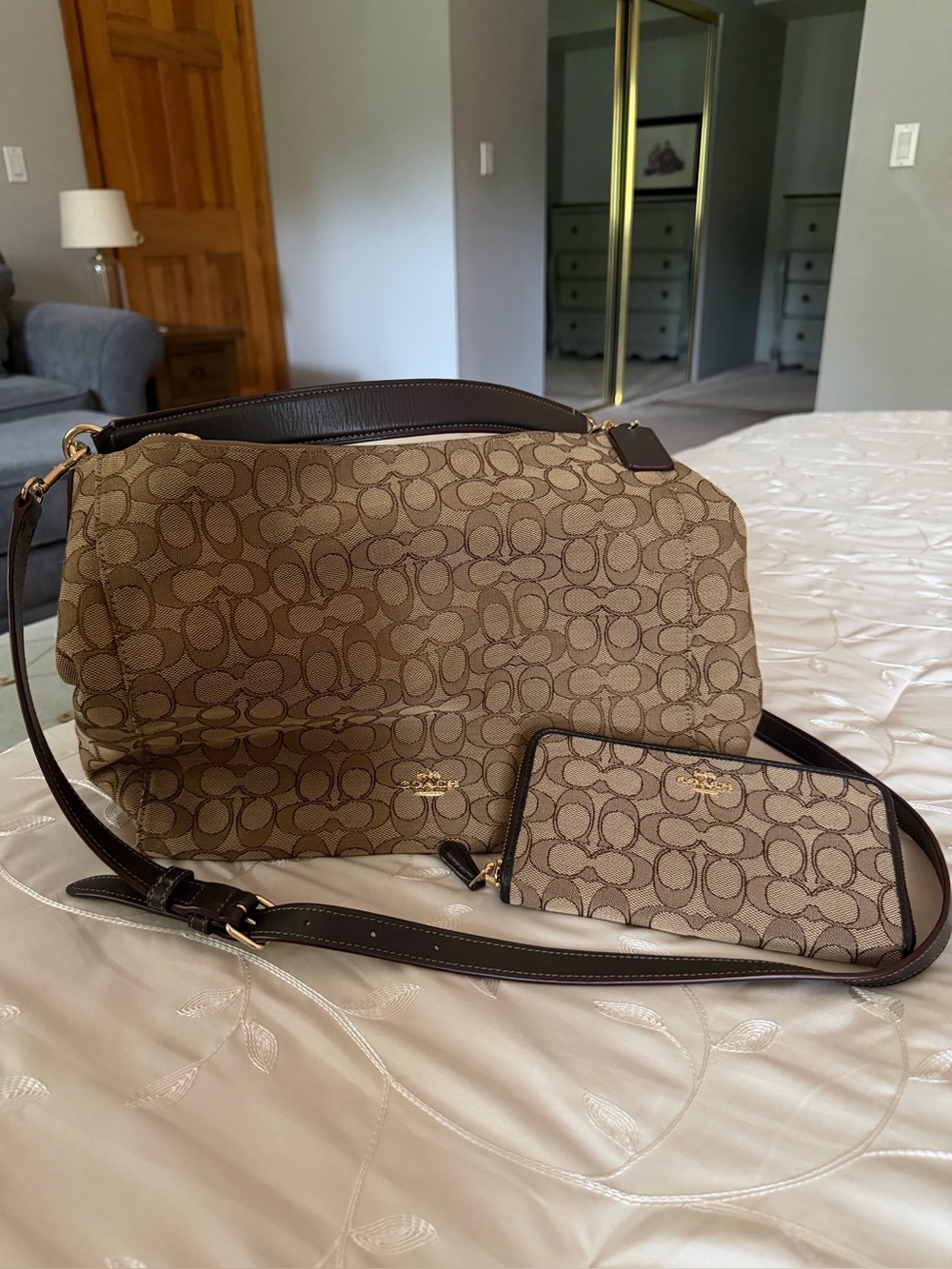 Coach Signature Canvas Shoulder Bag with Matching Wristlet - Brown/Tan